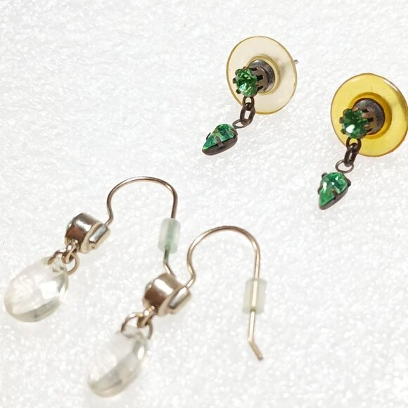 Vintage Green Crystal & Clear Bead Dangle Earrings Lot of 2 Pairs 1½" Drop - Picture 6 of 9
